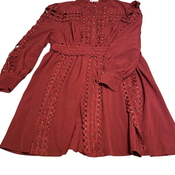 L'ATISTE Deep Red Lace Long Sleeve gold studded Dress - Picture 3 of 8